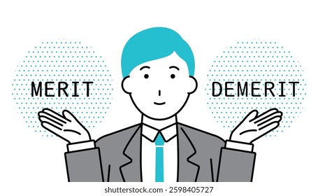Illustration of a man in a suit introducing merit and demerit