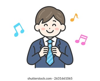 An illustration of a man in a suit (line drawing color) who is happy to receive a tie as a present on Father's Day.