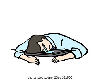 Illustration of a man in a suit plopped down on a closed computer and in tears.