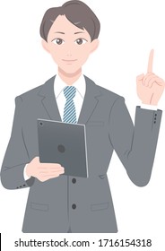 Illustration of a man in a suit pointing a finger, the version with a tablet