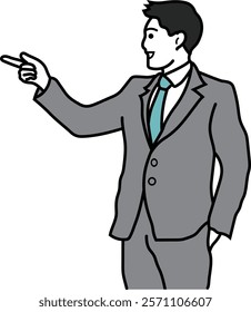 Illustration of a man in a suit pointing with a smile
