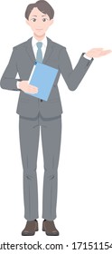 
Illustration of a man in a suit presenting, version with documents