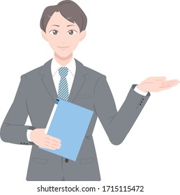 
Illustration of a man in a suit presenting, version with documents
