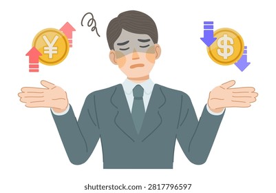 Illustration of a man in a suit saddened by the strong yen and weak dollar.