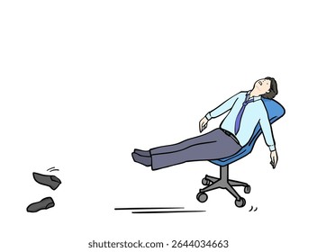  illustration of a man in a suit sliding on a chair in a state of weakness and leaving his unmotivated shoes behind