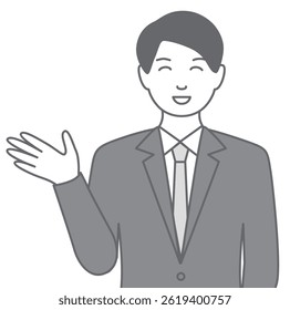 Illustration of a man in a suit smiling and guiding the visitor, "This way, sir.