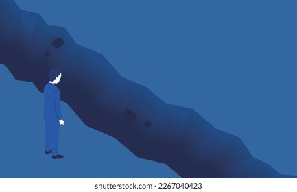 Illustration of a man in a suit standing in front of a cliff, vector