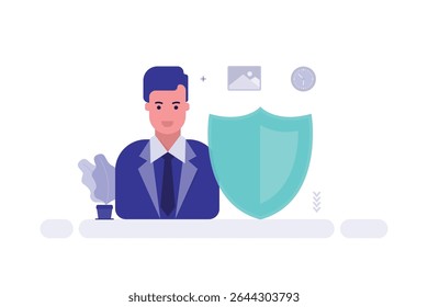 Illustration of a man in a suit and tie, positioned behind a large teal shield symbolizing protection or security.
