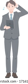 Illustration of a man in a suit in trouble, the version with a tablet