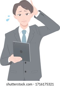 Illustration of a man in a suit in trouble, the version with a tablet