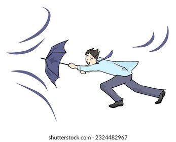 Illustration of a man in a suit with an umbrella facing a strong wind.