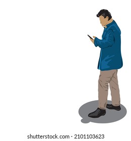 illustration of a man in a suit using a gadget with an isolated background suitable for aphorisms or quotes, vector file