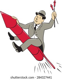 Illustration of a man in a suit wearing bowler hat holding fireworks riding fireworks rocket set on isolated white background done in cartoon style. 