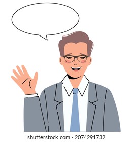 Illustration of  man in a suit with  welcoming gesture. Man says hello!	
