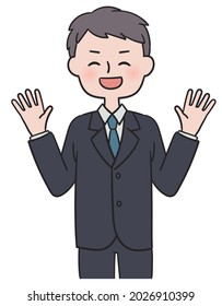 Illustration of a man in a suit who is happy to raise his hand