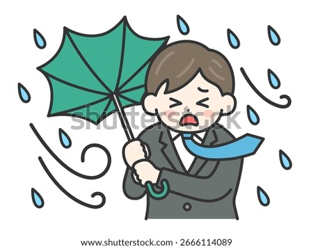 Illustration of a man in a suit whose umbrella turned inside out on a typhoon day | Strong winds, heavy rain, and typhoon day.