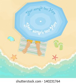 Illustration with a man, sunbathing on the beach under an umbrella; also with flip-flops and a diving mask.