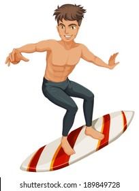 Illustration of a man surfing on a white background