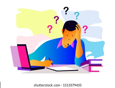 Illustration of a man with a surprised expression, in front of a laptop, seeing something unexpected, amazed, annoyed, hearing bad news, a question mark symbol. - Vector.