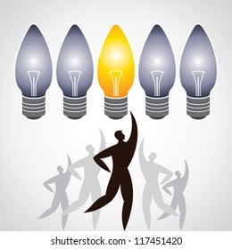 Illustration of man surround with idea bulbs