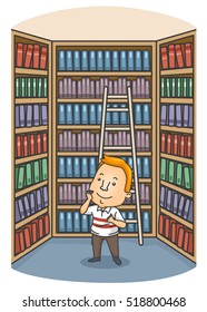 Ilustración de un hombre rodeado por una gran selección de libros que tratan de elegir uno para leer