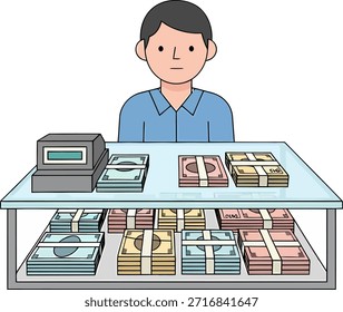 Illustration des Menschen umgeben von Stapeln von Währung