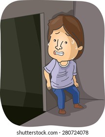 Illustration of a Man Sweating in Anxiety While Hiding Behind a Wall