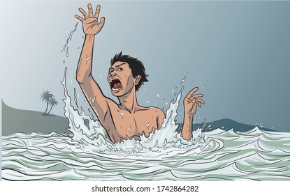 illustration of a man 
swept away by waves and drowning - vector