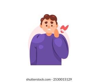 illustration of a man with swollen cheeks and chin. symptom or suffering from mumps or parotitis. holding his cheek because of pain. health problem. flat style character design. element