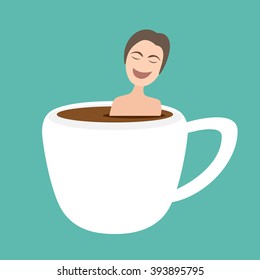 illustration of man taking bath in onsen hot coffee cup, vector