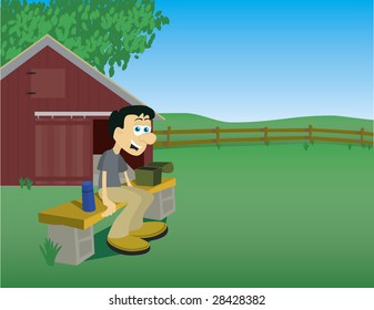 Illustration of a man taking a break from his chores on a farm.