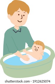 Ilustración de un hombre cuidando de un bebé. Tiempo de baño para bebés