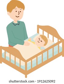 Ilustración de un hombre cuidando de un bebé. Un hombre que pone a un bebé a dormir.