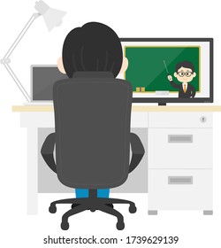 Illustration of a man taking classes online.