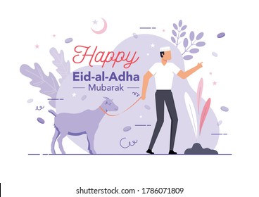 Eine Illustration von einem Mann, der eine Ziege nimmt. Eid-Al-Adha-Opferkonzept