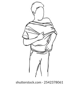 Eine Illustration des Mannes, der sein Shirt auszieht, eine Kunstgrafik, handgezeichnet
