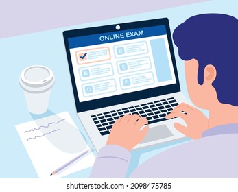 Illustration Of A Man Taking Online College Exam At Home. Vector