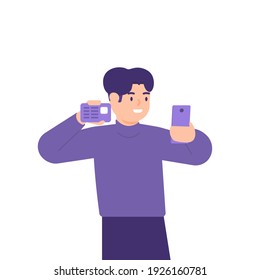 ilustración de un hombre tomando una foto o selfie. tome una foto de su propia cara y muestre una tarjeta de identidad. estilo plano. diseño vectorial