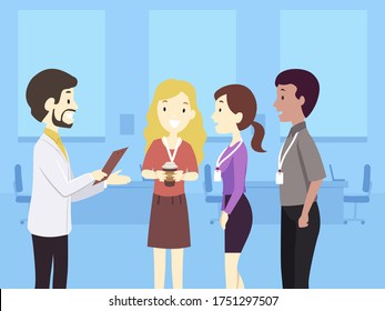 Illustration of a Man Talking and Assigning Tasks to Teenage Girls and Guy Interns