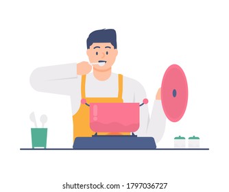 illustration of a man tasting his cooking. the concept of a chef, cook, waiter, husband. activity in the kitchen. flat design. can be used for elements, landing pages, UI, website, characters