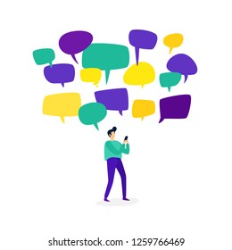 Illustration of a man with a telephone. Vector. A man communicates in chat rooms through messengers. Flat style. Communication in social networks. Dependence on mobile devices and the Internet.
