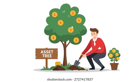 Ilustração de um homem tendendo a uma pequena árvore com moedas de ouro, simbolizando o crescimento de ativos e investimento. Uma pequena planta em vaso com frutos semelhantes também está presente.