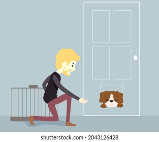 Illustration Of Man Thief With Cage Calling Out A Dog To Come Out Of Pet Flap Door