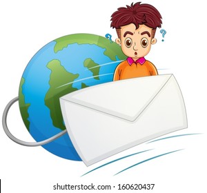 Ilustración de un hombre pensando en el medio del sobre y del globo sobre un fondo blanco
