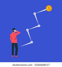 Illustration of a man thinking and planning to get money and financial wealth. The concept of achieving financial profits