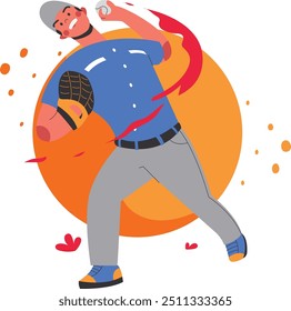 Illustration of a man throwing a baseball with a dynamic and colorful design concept that gives the impression of courage and enthusiasm.