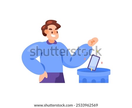 illustration of man throwing smartphone into trash. getting rid of or throwing away cellphone. refusing and not liking to use cellphone. flat style character design. element