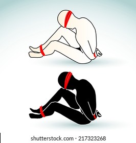 Illustration of a man tied-up, blindfolded and muted - hostage