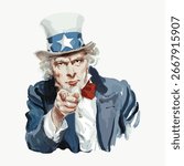 Illustration of a man in a top hat pointing forward. Patriotic theme with red, white, and blue colors. Classic recruitment poster style. Vintage and iconic design. Vintage man illustration vector.