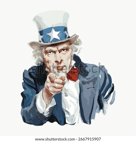 Illustration of a man in a top hat pointing forward. Patriotic theme with red, white, and blue colors. Classic recruitment poster style. Vintage and iconic design. Vintage man illustration vector.